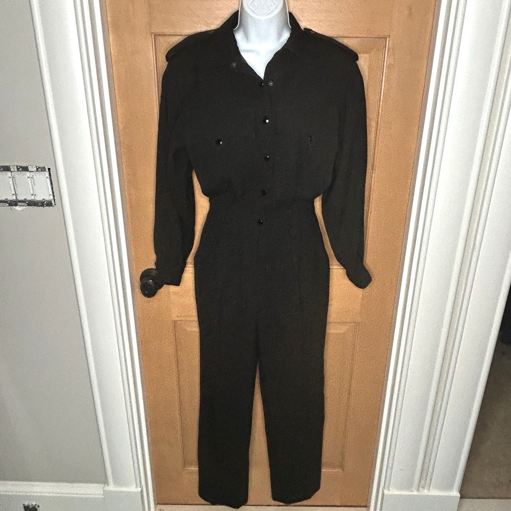 Escada Vintage Jumpsuit Size XS 36 Black Wool Blend Epaulets Snaps Pockets
